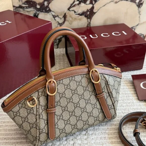 💖 GUCCI 💖 GG Canvas Mini Top Handle Bag Brown Leather Trim Gold Hardware - Picture 6 of 9